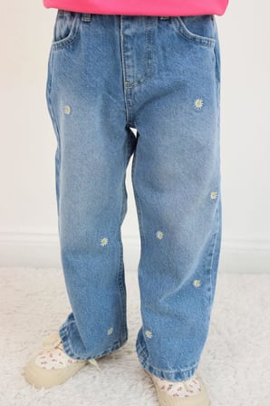 Breeze Kız Çocuk Jean Pantolon Papatya Nakışlı Düğmeli 1.5-5 Yaş, Açık Mavi