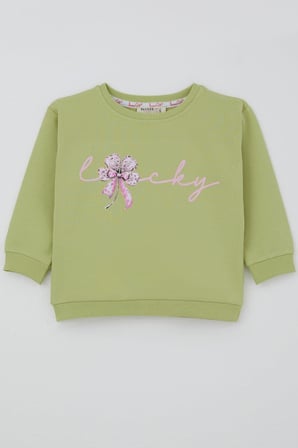 Breeze Kız Çocuk Sweatshirt Fiyonklu Çiçek Baskılı 2-6 Yaş, Fıstık Yeşili