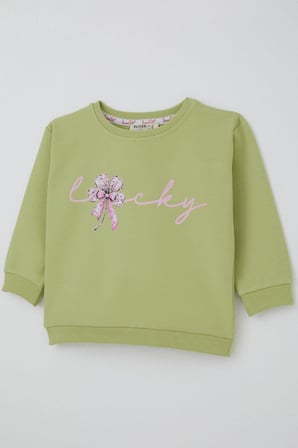Breeze Kız Çocuk Sweatshirt Fiyonklu Çiçek Baskılı 2-6 Yaş, Fıstık Yeşili
