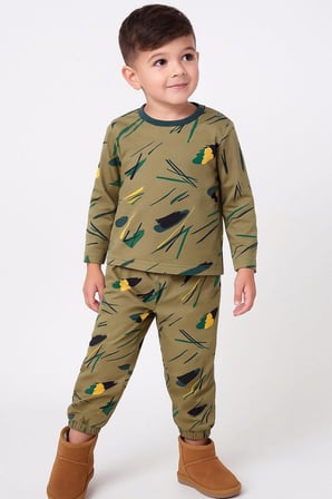 Breeze Erkek Bebek Pijama Takımı Renkli Fırça Vuruşu 9 Ay-3 Yaş, Haki Yeşil