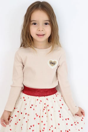 Breeze Kız Çocuk Uzun Kollu Tişört Kalp Armalı Fiyonklu 5-10 Yaş, Bej