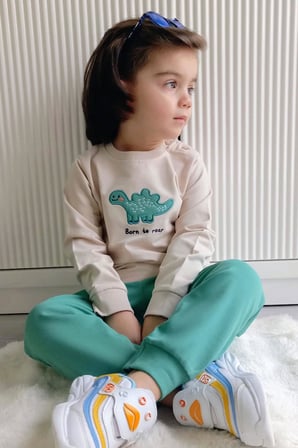 Breeze Erkek Bebek Eşofman Takımı Sevimli Dinozor Nakışlı 9 Ay-3 Yaş, Bej