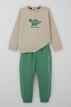 Breeze Erkek Bebek Eşofman Takımı Sevimli Dinozor Nakışlı 9 Ay-3 Yaş, Bej
