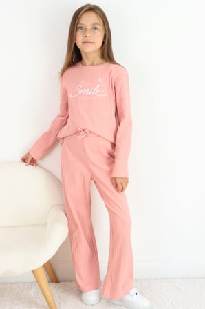 Breeze Kız Çocuk Pantolonlu Takım Yazı & Kalp Nakışlı Pantolonu Fiyonk Aksesuarlı 4-8 Yaş, Gülkurusu