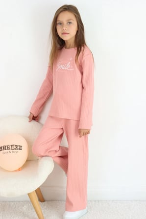 Breeze Kız Çocuk Pantolonlu Takım Yazı & Kalp Nakışlı Pantolonu Fiyonk Aksesuarlı 4-8 Yaş, Gülkurusu