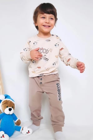 Breeze Erkek Bebek Eşofman Takım Sevimli Köpekçikler Desenli 9 Ay-3 Yaş, Bej