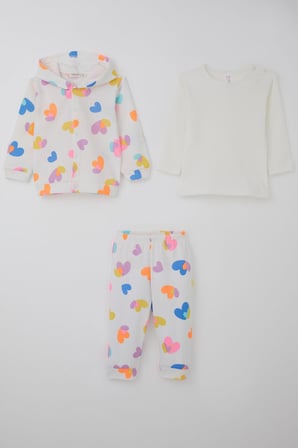 Breeze Kız Bebek Bodyli 3 Lü Takım Renkli Kalp Desenli 4 Ay-1 Yaş, Beyaz