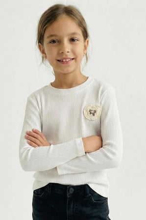Breeze Kız Çocuk Uzun Kollu Tişört Arma Detaylı Düz Renk 5-10 Yaş, Ekru