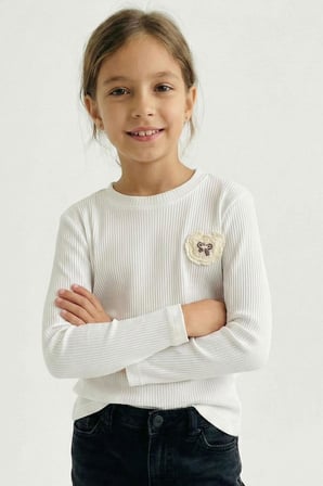 Breeze Kız Çocuk Uzun Kollu Tişört Arma Detaylı Düz Renk 5-10 Yaş, Ekru