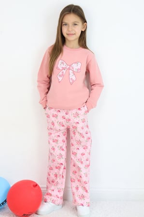 Breeze Kız Çocuk Eşofman Takımı Fiyonk Baskılı Pantolonu Çiçek Desenli 1.5-5 Yaş, Gülkurusu