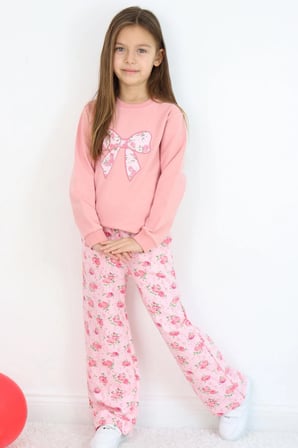 Breeze Kız Çocuk Eşofman Takımı Fiyonk Baskılı Pantolonu Çiçek Desenli 1.5-5 Yaş, Gülkurusu