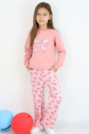 Breeze Kız Çocuk Eşofman Takımı Fiyonk Baskılı Pantolonu Çiçek Desenli 1.5-5 Yaş, Gülkurusu