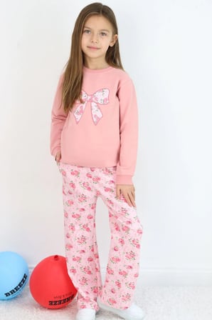 Breeze Kız Çocuk Eşofman Takımı Fiyonk Baskılı Pantolonu Çiçek Desenli 1.5-5 Yaş, Gülkurusu