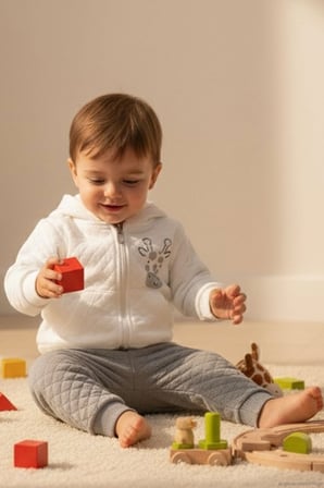 Breeze Erkek Bebek Eşofman Takımı Sevimli Zürafa Baskılı Kapitone Desenli 6 Ay-1.5 Yaş, Ekru