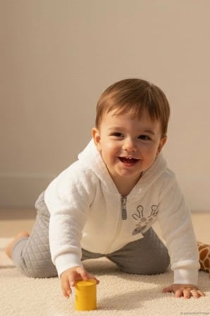 Breeze Erkek Bebek Eşofman Takımı Sevimli Zürafa Baskılı Kapitone Desenli 6 Ay-1.5 Yaş, Ekru
