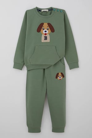 Breeze Erkek Bebek Eşofman Takımı Sevimli Köpekçik Nakışlı Kanguru Cepli 9 Ay-3 Yaş, Mint Yeşili