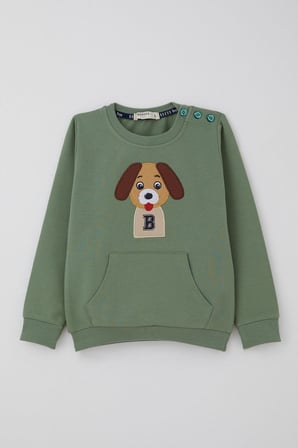 Breeze Erkek Bebek Eşofman Takımı Sevimli Köpekçik Nakışlı Kanguru Cepli 9 Ay-3 Yaş, Mint Yeşili