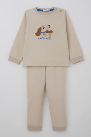 Breeze Erkek Bebek Eşofman Takımı Sevimli Köpekçik Nakışlı 9 Ay-3 Yaş, Krem