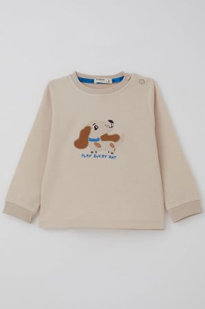 Breeze Erkek Bebek Eşofman Takımı Sevimli Köpekçik Nakışlı 9 Ay-3 Yaş, Krem