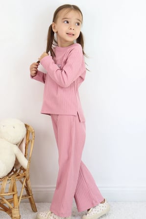 Breeze Kız Çocuk Pantolonlu Takım Yazı Nakışlı Fiyonk Detaylı 4-8 Yaş, Gülkurusu
