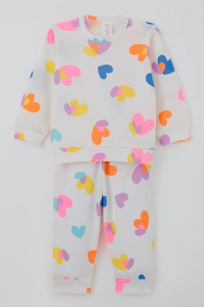 Breeze Kız Bebek Pijama Takımı Omuzdan Patlı Renkli Kalp Desenli 4 Ay-1 Yaş, Beyaz