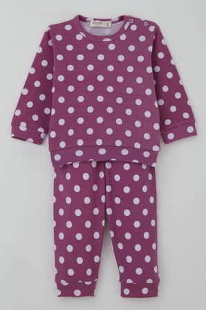 Breeze Kız Bebek Pijama Takımı Omuzdan Patlı Beyaz Puantiye Desenli 4 Ay-1 Yaş, Eflatun