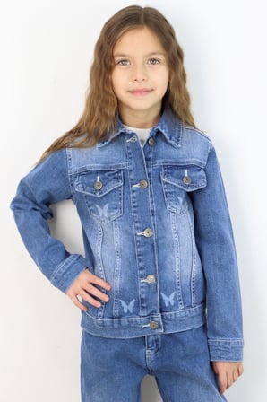 Breeze Kız Çocuk Jean Ceket Kelebek Baskı Detaylı Cepli 6-12 Yaş, Mavi