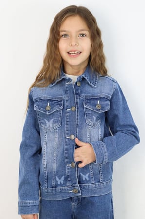 Breeze Kız Çocuk Jean Ceket Kelebek Baskı Detaylı Cepli 6-12 Yaş, Mavi