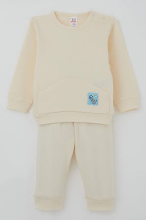 Breeze Erkek Bebek Pijama Takımı Omuzdan Patlı Kanguru Cepli Sevimli Fil Armalı 4 Ay-1 Yaş, Krem