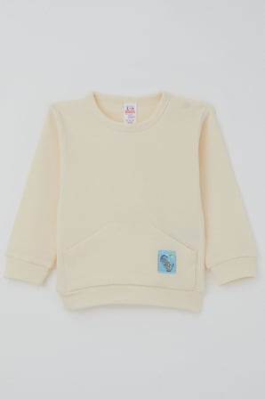 Breeze Erkek Bebek Pijama Takımı Omuzdan Patlı Kanguru Cepli Sevimli Fil Armalı 4 Ay-1 Yaş, Krem