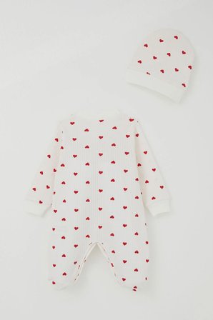 Breeze Kız Bebek Patikli Tulum Kalp Desenli 0-6 Ay, Ekru