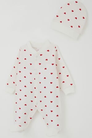 Breeze Kız Bebek Patikli Tulum Kalp Desenli 0-6 Ay, Ekru