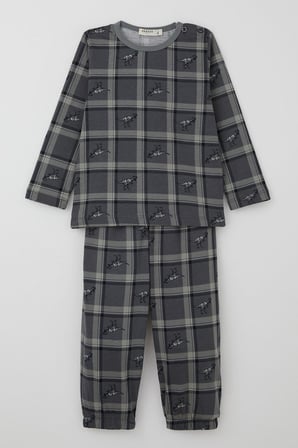 Breeze Erkek Bebek Pijama Takımı Dinozor Krallığı Ekose Desenli 9 Ay-3 Yaş, Gri