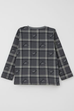 Breeze Erkek Bebek Pijama Takımı Dinozor Krallığı Ekose Desenli 9 Ay-3 Yaş, Gri