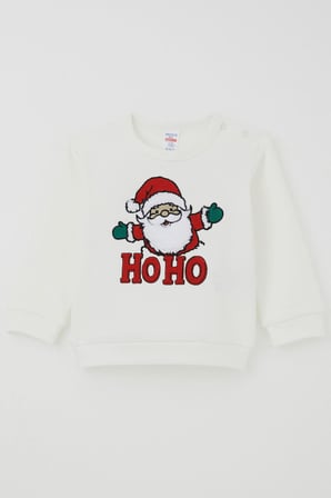 Breeze Erkek Bebek Pijama Takımı Omuzdan Patlı Peluş Sakallı Hoho Noel Baba 4 Ay-1 Yaş, Ekru
