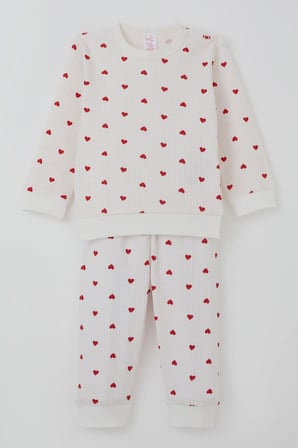Breeze Kız Bebek Pijama Takımı Omuzdan Patlı Kalp Desenli 4 Ay-1 Yaş, Ekru
