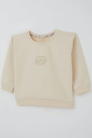 Breeze Kız Çocuk Sweatshirt Güpürlü Kalp Arma Detaylı 2-6 Yaş, Krem