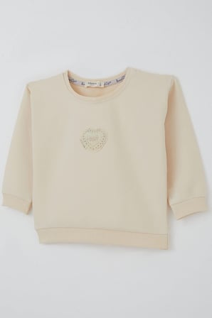 Breeze Kız Çocuk Sweatshirt Güpürlü Kalp Arma Detaylı 2-6 Yaş, Krem