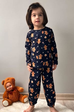 Breeze Erkek Bebek Pijama Takımı Yılbaşı Temalı Kurabiye Adam Desenli 9 Ay-3 Yaş, Lacivert