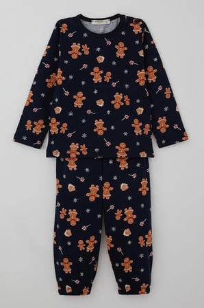 Breeze Erkek Bebek Pijama Takımı Yılbaşı Temalı Kurabiye Adam Desenli 9 Ay-3 Yaş, Lacivert