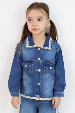 Breeze Kız Çocuk Jean Ceket Yaka & Alt Kısmı Güpür Cep Kapak Detaylı 3-7 Yaş, Mavi