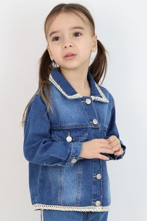 Breeze Kız Çocuk Jean Ceket Yaka & Alt Kısmı Güpür Cep Kapak Detaylı 3-7 Yaş, Mavi
