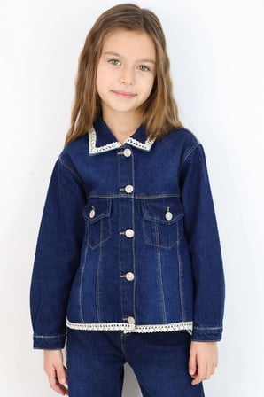 Breeze Kız Çocuk Jean Ceket Yaka & Alt Kısmı Güpür Cep Kapak Detaylı 3-7 Yaş, Koyu Mavi
