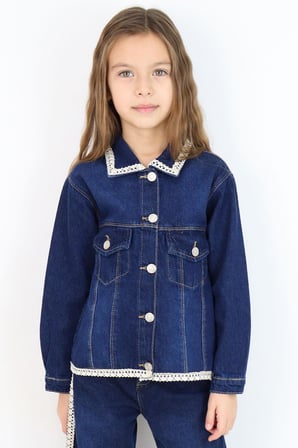 Breeze Kız Çocuk Jean Ceket Yaka & Alt Kısmı Güpür Cep Kapak Detaylı 3-7 Yaş, Koyu Mavi