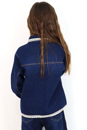 Breeze Kız Çocuk Jean Ceket Yaka & Alt Kısmı Güpür Cep Kapak Detaylı 3-7 Yaş, Koyu Mavi