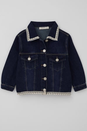 Breeze Kız Çocuk Jean Ceket Yaka & Alt Kısmı Güpür Cep Kapak Detaylı 3-7 Yaş, Koyu Mavi