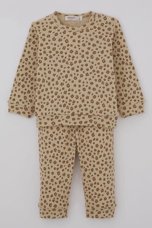 Breeze Kız Bebek Pijama Takımı Omuzdan Patlı Çiçek Desenli 4 Ay-1 Yaş, Bej