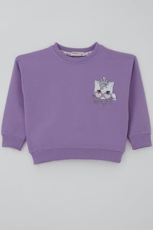 Breeze Kız Çocuk Sweatshirt Minik Taçlı Kedi Prenses Baskılı Sırt Baskı Detaylı 1.5-5 Yaş, Lila