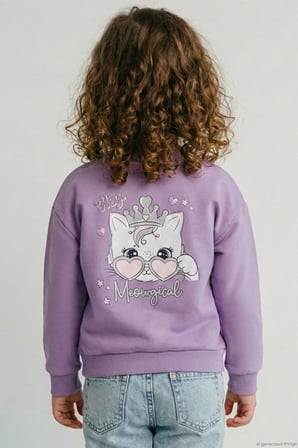 Breeze Kız Çocuk Sweatshirt Minik Taçlı Kedi Prenses Baskılı Sırt Baskı Detaylı 1.5-5 Yaş, Lila