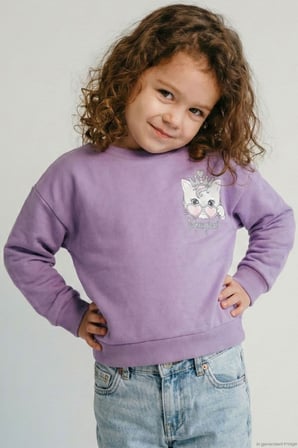 Breeze Kız Çocuk Sweatshirt Minik Taçlı Kedi Prenses Baskılı Sırt Baskı Detaylı 1.5-5 Yaş, Lila